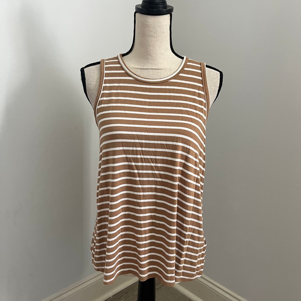 Old Navy Luxe Striped Tank Top sz Small Earth Brown White Casual Preppy Everyday